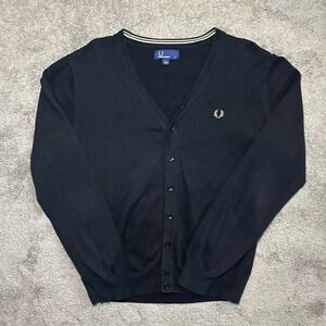 Fred Perry SK2077 Cardigan Mens L Black Cotton V-Neck Laurel Wreath